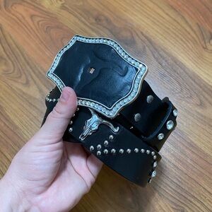 NOCONA genuine leather cowboy cowgirl western black studded longhorn belt buckle